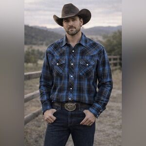 Wrangler Western Pearl Snap Plaid Shirt Blue Gray Men’s Large